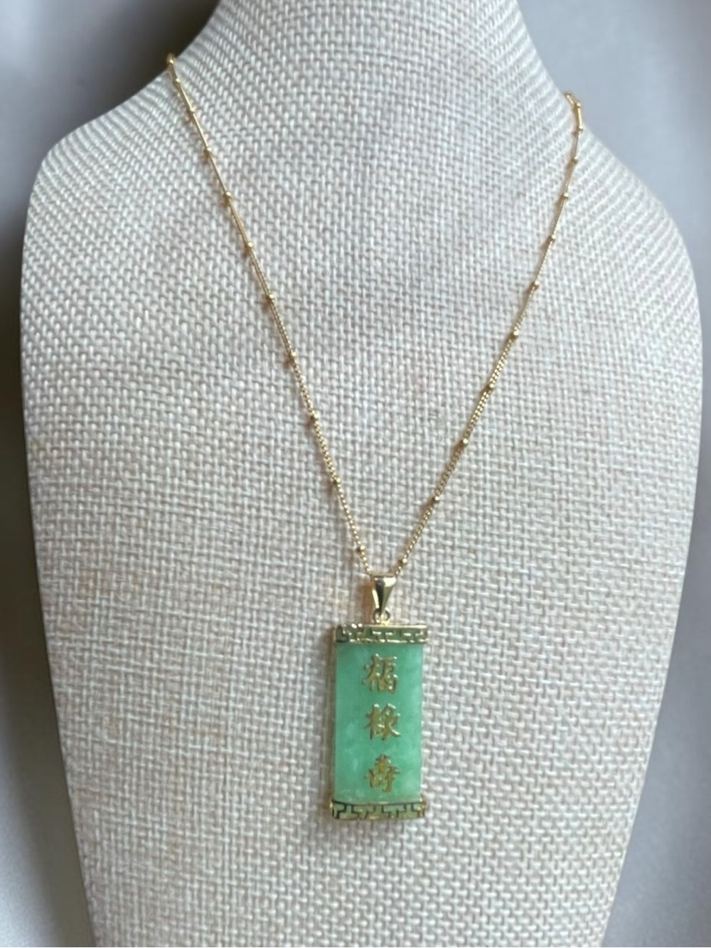 Vintage Chinese Good Fortune Vermeil 925 Green Jade Pendant Necklace